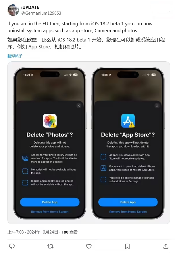 荔城苹果手机维修分享iOS 18.2 支持删除 App Store 应用商店 