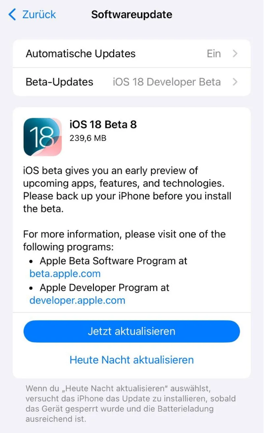 荔城苹果手机维修分享苹果 iOS / iPadOS 18 开发者预览版 Beta 8 发布 